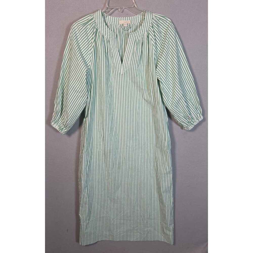 Ann Mashburn Midi Shirt Dress Womens S Green White Striped V-Neck Boho Belted